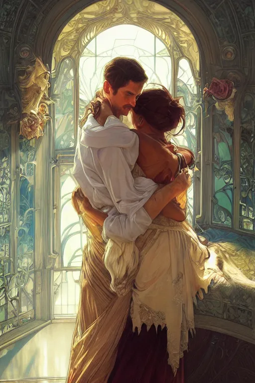 Image similar to portrait of a man in dhl van hugging his wife, feelings, romantic, fantasy, intricate, elegant, highly detailed, digital painting, artstation, concept art, smooth, sharp focus, illustration, art by artgerm and greg rutkowski and alphonse mucha