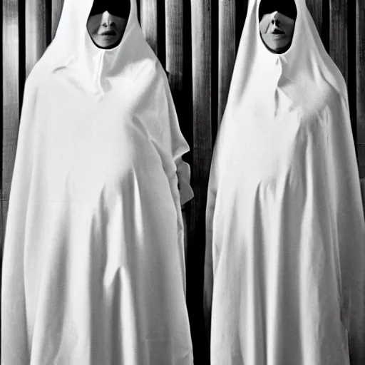 Image similar to phot of 1960’s award winning photo, two Floating twin nuns wearing hoods, buxom chested, blindfolded wearing translucent veils see through dress, Very long arms, bedroom, wood door, eerie, frightening, highly detailed, photorealistic, colorized —width 1024 —height 1024