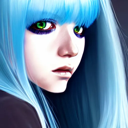 Image similar to full face shot of rimuru tempest, sky blue straight hair, long bangs, with amber eyes, wearing a black jacket, high collar, ultra detailed, concept art, award winning photography, digital painting, cinematic, wlop artstation, closeup, pixiv, evil, yoshitaka amano, andy warhol, ilya kuvshinov,