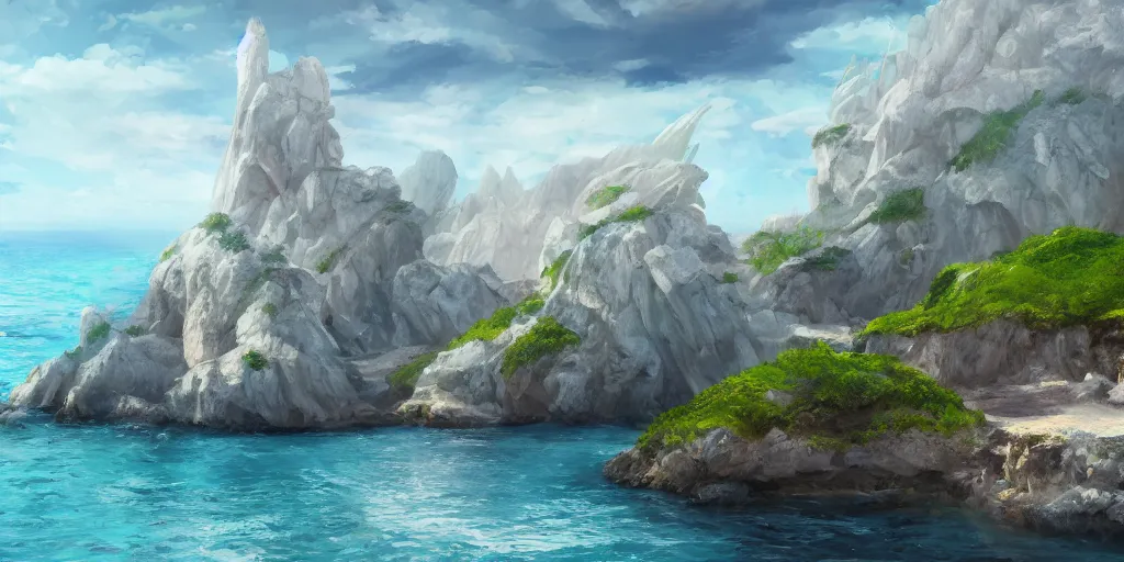 Prompt: salt covered islands surrounded by sheer quartz cliffs, illustration, bright sunlight, sun glints, sunrays, digital art, oil painting, fantasy, 8 k, trending on artstation, detailed