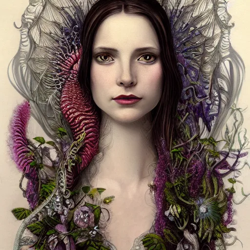 Image similar to facial portrait of a young pretty woman in flowing dress, arrogant, mysterious, long fine flowing hair, delicate, looking at camera, slightly awkward smile, realistic face, hands behind back, intricate, stylish, elegant, grimdark fantasy, flowers, extremely detailed painting inspired by Gerald Brom and Ernst Haeckel and Greg Rutkowski