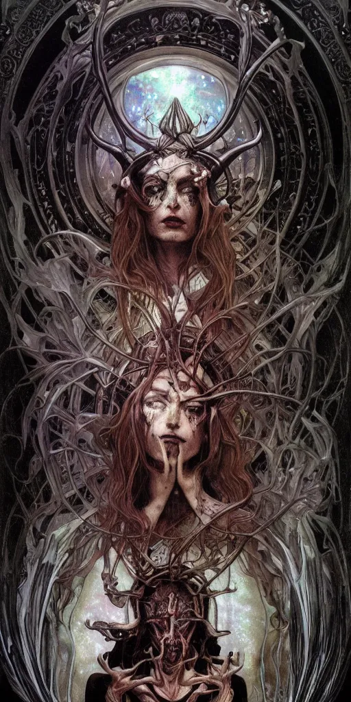 Prompt: intense glowing black metal pagan god with veins and horns and intense pure black eyes and a blood skull in very dark chrome cathedral by karol bak and alphonse mucha and beksinski, portrait, fantasy, clear, light beams, lens flare, intense, uhd, amazing depth, cinematic lighting, shining chrome and black and cyan