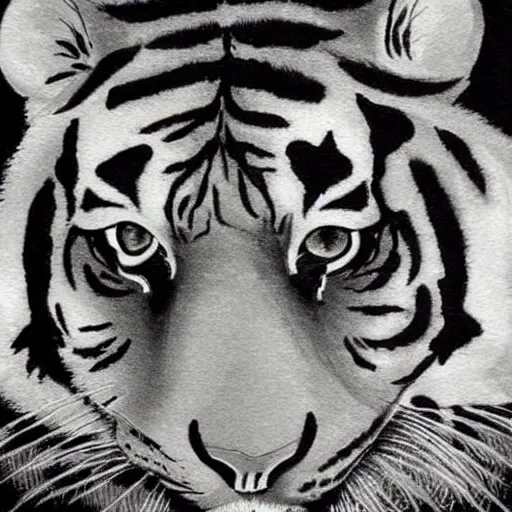 Prompt: tiger head, inkwash painting, highly detailed, traditional japanese art,