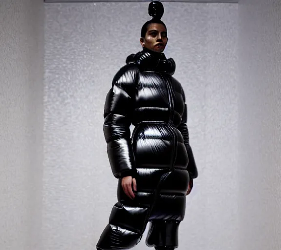 Image similar to well lit fashion shoot portrait of extremely beautiful female black marble statue wearing huge puffer jacket over size futuristic outerwear, puffer trouser, puffer jacket, puffer jacket by moncler genius, dingyun zhang, yeezy, balenciaga, vetements, sharp focus, clear, detailed, detailed, glamorous, symmetrical, vogue, editorial, fashion,