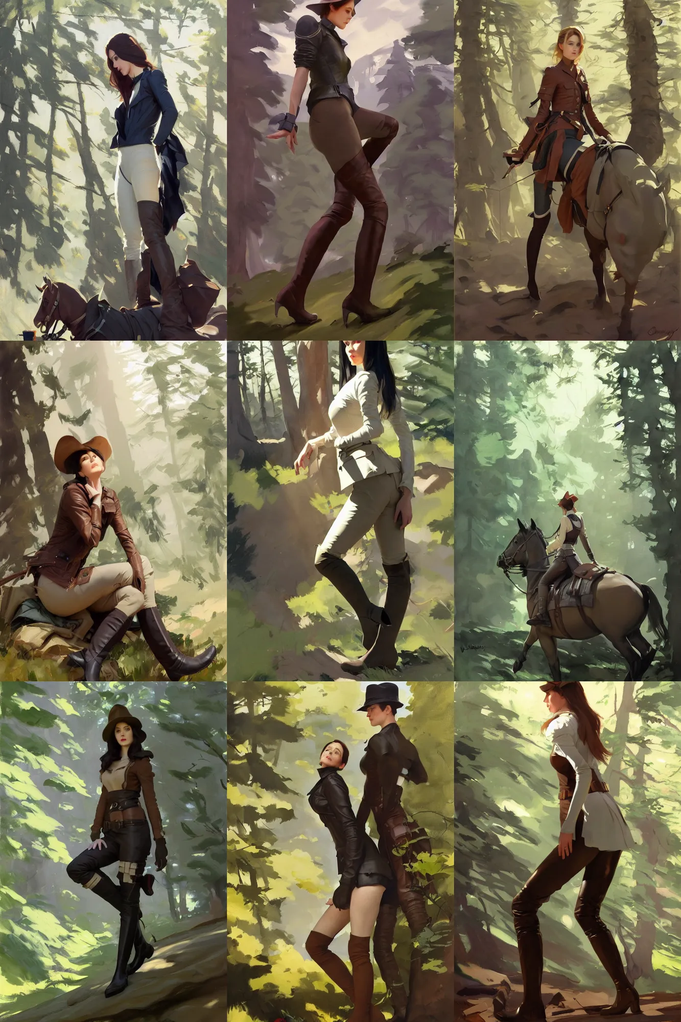 Image similar to cloth fabric jodhpurs knee high boots leather jacket, camping in forest greg manchess painting by sargent and leyendecker, studio ghibli, fantasy, medium shot, asymmetrical, intricate, elegant, matte painting, illustration, hearthstone, by greg rutkowski, by greg tocchini, by james gilleard, by joe fenton