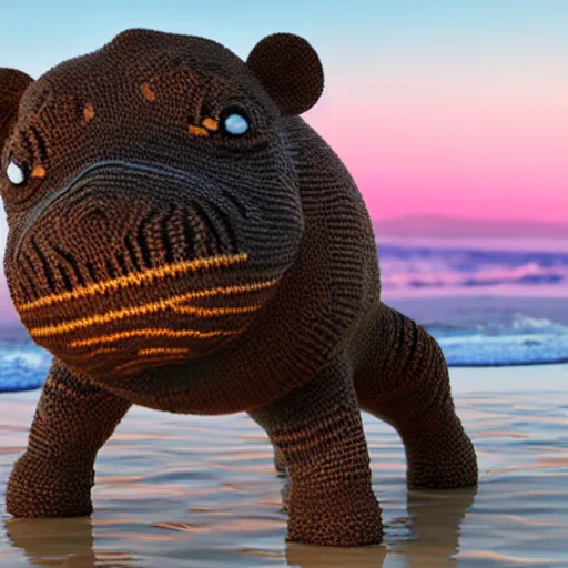 Image similar to a closeup photorealistic photograph of a cute smiling knitted tiger hippopotamus chasing a beachball at sunset. surf in the background. professional capture. this 4 k hd image is trending on artstation, featured on behance, well - rendered, extra crisp, features intricate detail, epic composition and the style of unreal engine.