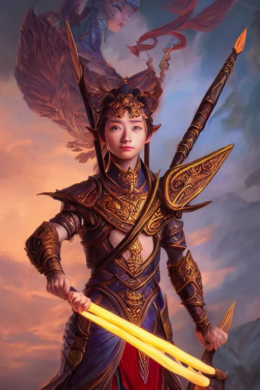 Image similar to a masterpiece portrait of nezha, young elf prince holding spear, flame everywhere, epic pose, fantasy character portrait, closeup shot, hyper detailed, digital painting, 8 k realistic, trending on artstation, sharp focus, dof, by fenghua zhong, artgerm, ne zha from smite, jeff easley, raymond swanland