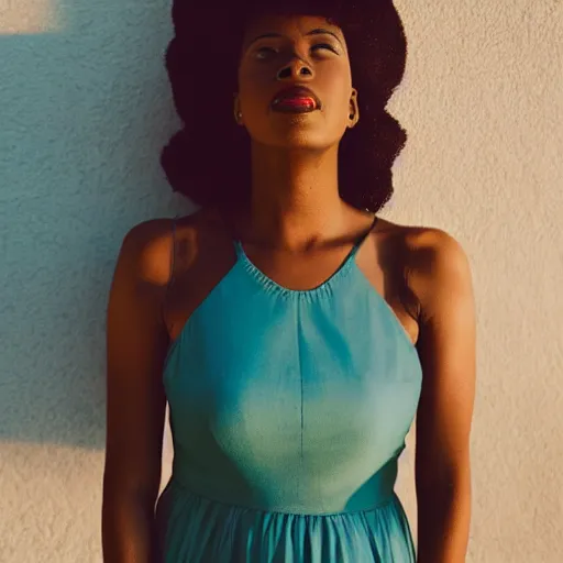 Image similar to portrait photograph of an elegant black woman wearing a sundress in Santa Monica. super resolution. 85 mm f1.8 lens.bokeh.graflex. Alessio albi