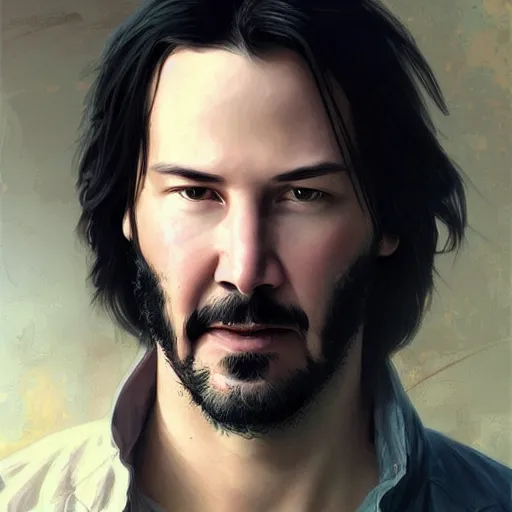 Image similar to portrait of keanu reeves, majestic, elegant, highly detailed, digital painting, artstation, concept art, smooth, sharp focus, illustration, art by artgerm and greg rutkowski and alphonse mucha