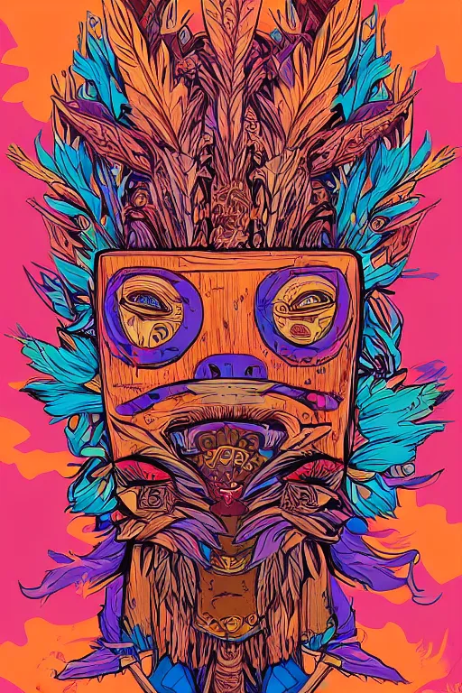 Image similar to animal mask totem roots flower tribal feather gemstone plant wood rock shaman vodoo video game vector cutout illustration vivid multicolor borderlands comics by josan gonzales and dan mumford radiating a glowing aura