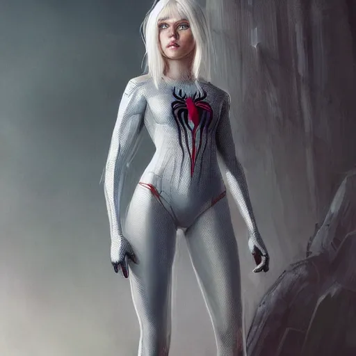 Image similar to full body portrait of white haired girl in spider man suit, super hero, webs, highly detailed, very beautiful face, very detailed eyes, digital art, artstation, concept art, smooth, sharp focus, greg rutkowski, wlop