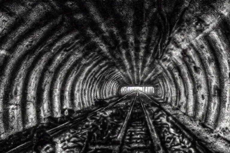 Image similar to very large giant mutant zombie irradiated ( angry rat ) staying on railways in tonnel of moscow subway. extreme high detail, very realistic. extreme long shot, low dark light, scary mood.