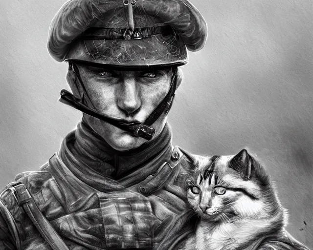 Image similar to A soldier holding a warrior cat in world war 1, close-up, realistic face, beautiful face detail, mature facial features, black and white, amazing digital art, hyper detailed, artstation, in the style of Tony Sart