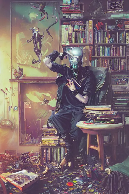 Image similar to cybergoth guy reading a book in a cluttered messy 9 0 s bedroom, artgerm, tom bagshaw, gerald brom, vaporwave, vaporwave colors, 9 0 s, 9 0 s aesthetic, perfect face, detailed face, symmetrical face,