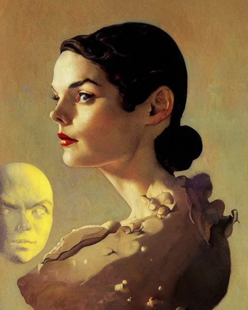 Image similar to head portrait of elegant space woman wearing monocle by norman rockwell, roberto ferri, daniel gerhartz, edd cartier, jack kirby, howard v brown, ruan jia, tom lovell, frank r paul, dean cornwell, astounding stories, amazing, fantasy, other worlds