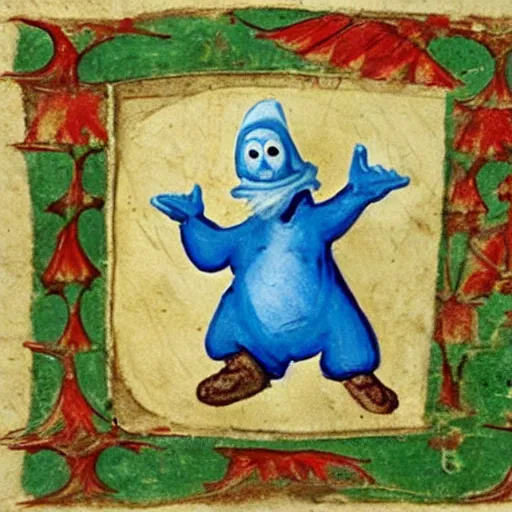 Prompt: medieval manuscript painting of a Smurf