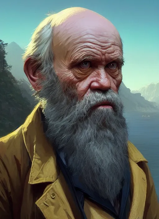 Image similar to highly detailed portrait charles darwin in gta v, stephen bliss, unreal engine, fantasy art by greg rutkowski, loish, rhads, ferdinand knab, makoto shinkai and lois van baarle, ilya kuvshinov, rossdraws, tom bagshaw, global illumination, radiant light, detailed and intricate environment