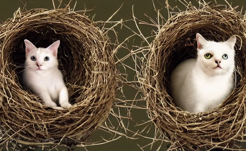 Image similar to david attenborough explaining the life of cats, showing off a small cat in a big birds nest, shorthair cat, eggs. national geographic, strange, photorealistic