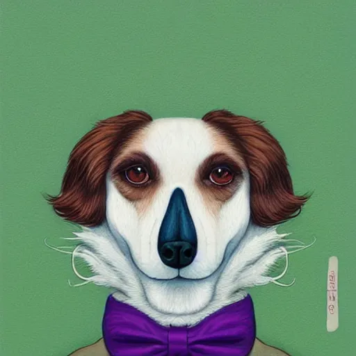 Image similar to portrait illustration of funny dog in the purple tuxedo by jeremiah ketner, quint buchholz, wlop, dan mumford