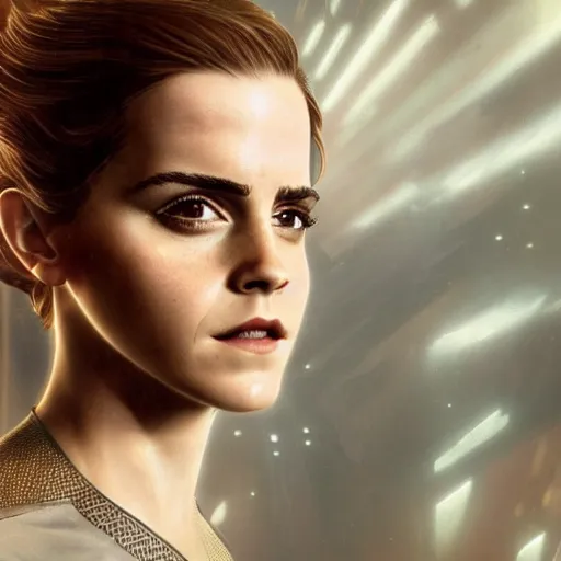 Image similar to a highly detailed matte portrait of emma watson dressed as seven of nine, scifi by star trek, unreal engine, volumetric lighting, exquisite detail, 8 k, art by greg rutkowski and alphonse mucha