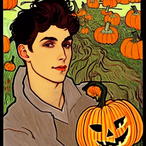 Image similar to painting of handsome young delicate beautiful jeffrey in his 2 0 s with brown hair and gorgeous rina together at the giant jack o'lantern halloween party holding pumpkins, elegant, clear, painting, stylized, art, art by alphonse mucha, vincent van gogh, egon schiele,