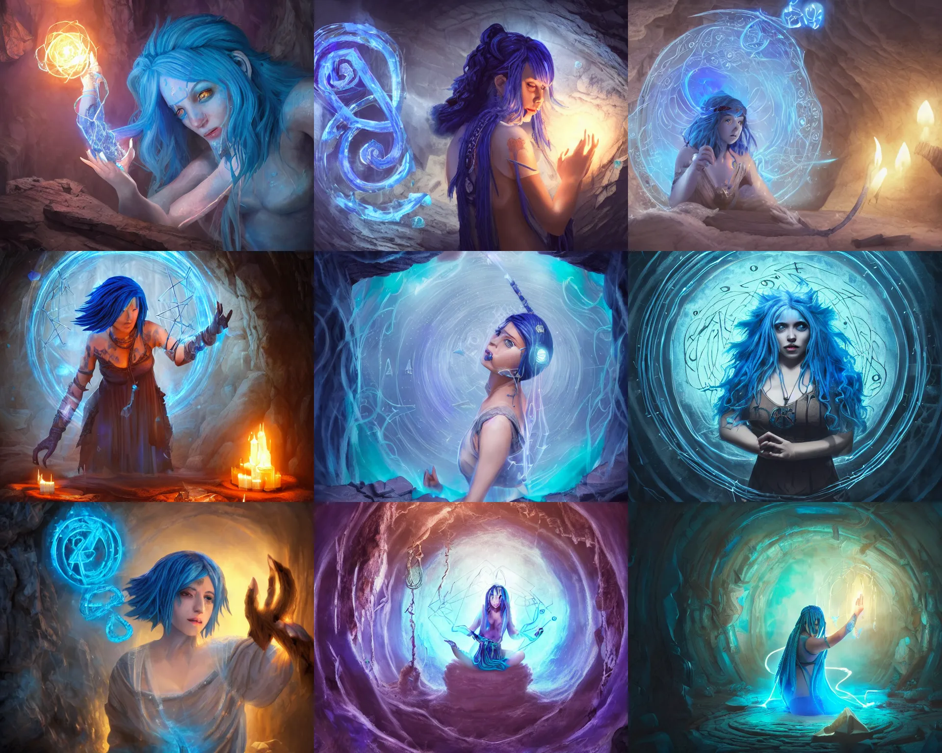 Prompt: blue haired female casting a spell, floating sigils, floating runes, floating spellbook, flowing robes, in a cave with crystals on the walls, electric vines and swirls, artstation, highly detailed, fantasy, cinematic composition, dramatic lighting, trending, 8 k hd