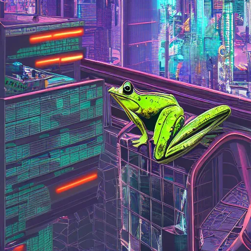 Prompt: frog looking over cyberpunk city, highly detailed, vector art, digital painting, hdr, raytracing, art by george warner allen, henry anderton