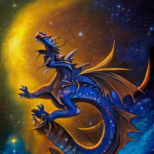 Image similar to A beautiful performance art of a dragon in space by Justin Gerard. The dragon is in the foreground with its mouth open, revealing rows of sharp teeth. Its body is coiled and ready to strike, and its tail is wrapped around a star in the background. The colors are bright and the background is full of stars and galaxies. The overall effect is one of chaotic energy and movement. french rose by Peter Wileman, by Raphael Lacoste elaborate