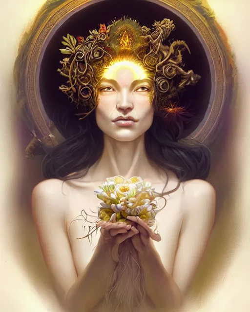 Image similar to highly detailed mycelium priestess portrait, artgerm, peter mohrbacher, intricate carved ivory flower blooms, artstation, halo of light, gilding