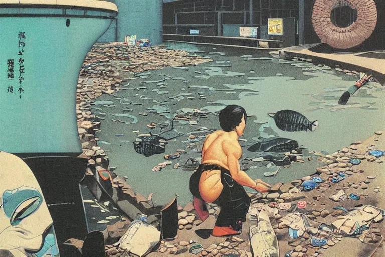 Image similar to 1 9 7 9 omni cover of a sewer pipe near spewing fish and trash into a moat in tokyo. entire background is a wall. art in cyberpunk style by dali, and vincent di fate