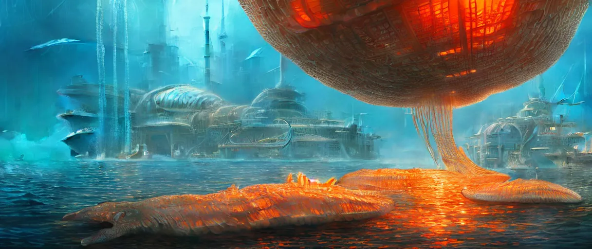 Image similar to hyperrealistic hyper detailed underwater neo-dystopian city of atlantis surrounded by giant pearlescent jellyfish matte painting concept art maciej kuciara hajime sorayama cinematic soft orange lighting low angle hd 8k sharp shallow depth of field