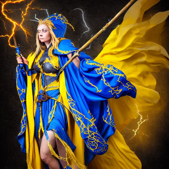 Image similar to photograph of a real - life beautiful elemental lightning witch with ornate yellow and blue robes and staff. extremely detailed. 8 k