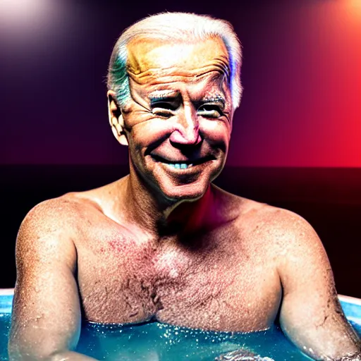 Prompt: Joe Biden in a hot tub on Mars, grungy, unkept hair, glowing eyes, modelsociety, radiant skin, huge anime eyes, RTX on, perfect face, directed gaze, intricate, Sony a7R IV, symmetric balance, polarizing filter, Photolab, Lightroom, 4K, Dolby Vision, Photography Award