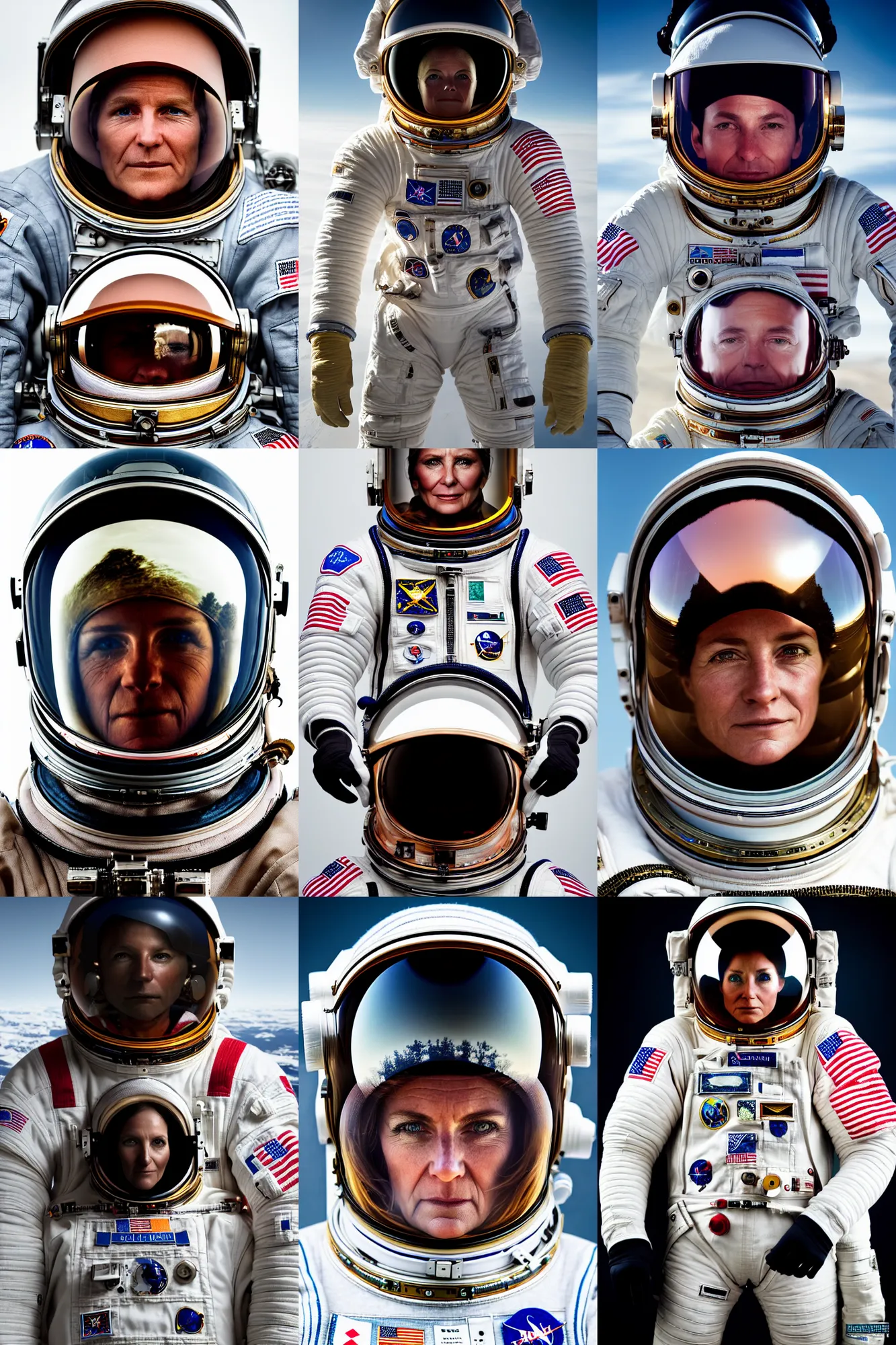 Prompt: extremely detailed portrait of space astronaut, full suit, visor half down, visor reflects photographer, close shot, award winning photo by jimmy nelson