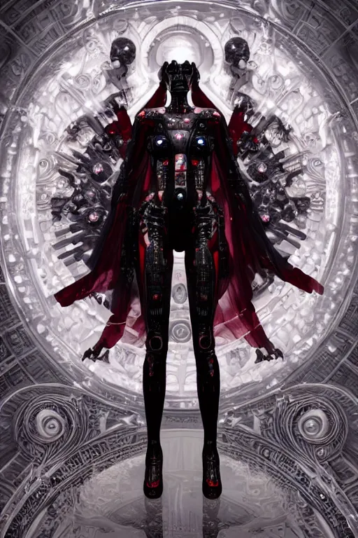 Prompt: full-body cyberpunk style sculpture of a young beautiful dark priestess, half android with a head opening exposing circuitry, glowing red eyes, black roses, flowing blood red colored silk, fabric, candles. baroque elements, human skull. full-length view. baroque element. intricate artwork by caravaggio. crows flying in background. Trending on artstation, octane render, cinematic lighting from the right, hyper realism, octane render, 8k, depth of field, 3D