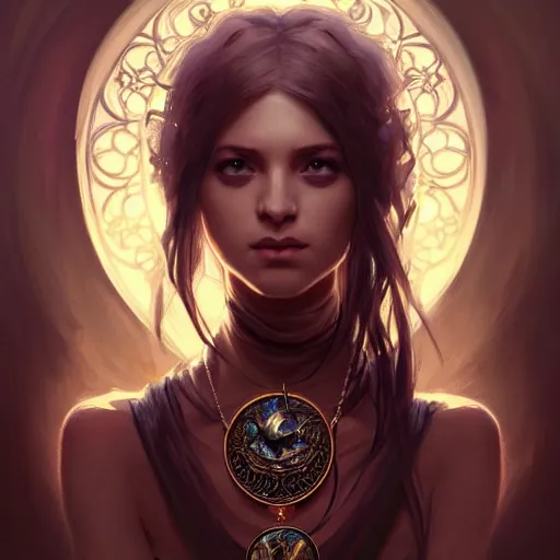 Image similar to Portrait of a young female necromancer wearing a necklace with small bird skulls, epic dark fantasy, medium shot, intricate, elegant, highly detailed, digital painting, artstation, concept art, smooth, sharp focus, illustration, art by artgerm and greg rutkowski and alphonse mucha