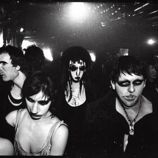 Prompt: goths in a nightclub in a vast underground bunker, berlin 1 9 8 2, grainy high contrast black and white