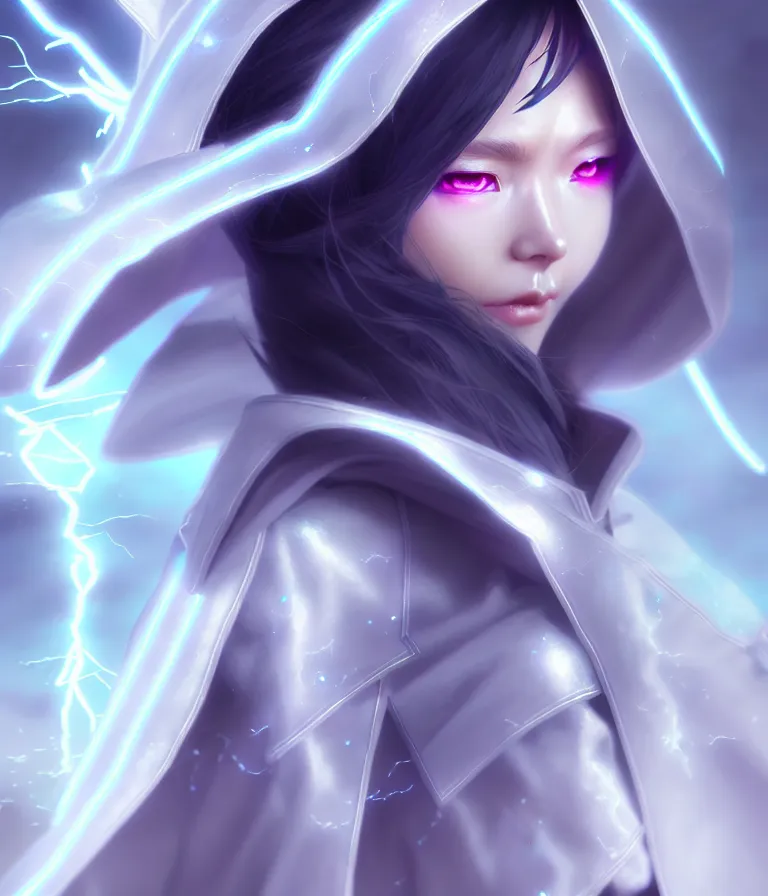 Image similar to female superhero of the rainstorms with shimmering white uniform, cloak and robes and silver hair, lightning and thunderclouds all around, fantasy character concept art in japanese anime style with photorealistic rendering digital painting of the century award octane render artstation hypervivid detailed