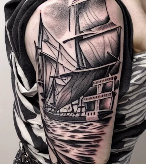 Image similar to White background tattoo design of a magical pirate ship, realism tattoo design, highly detailed tattoo, shaded tattoo, hyper realistic tattoo