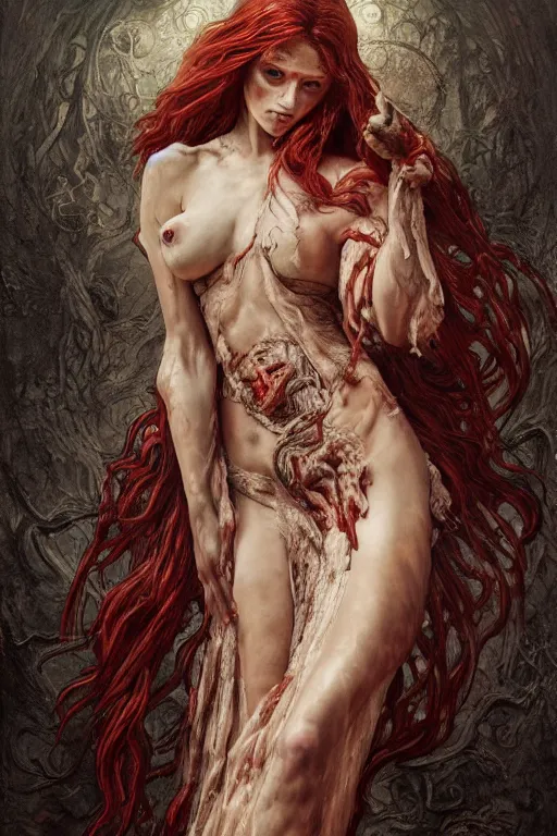 Prompt: breathtaking detailed soft painting of grim reaper in gauze dress, with long hair and piercing eyes in bleeding meat and flesh, dynamic pose and movement, in an intricate art nouveau stained glass of meat, rembrandt style, elegant, highly detailed, artstation, concept art, matte, sharp focus, art by tom bagshaw, luis royo and greg rutkowski