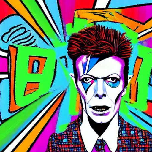 Image similar to david bowie in the style of daniel johnston and outsider art, acid, 4k