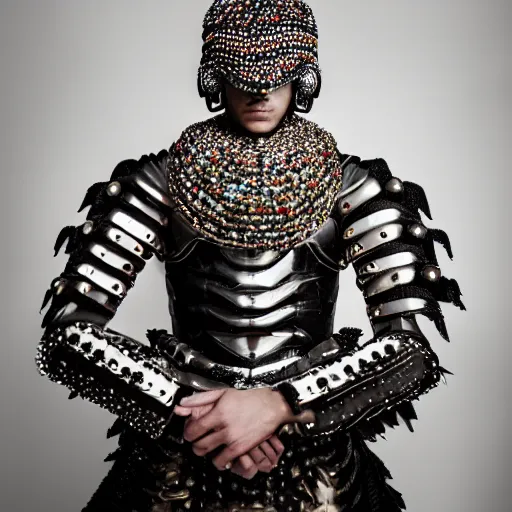 Image similar to a portrait of a beautiful young male wearing an alexander mcqueen armor made of beads , photographed by andrew thomas huang, artistic