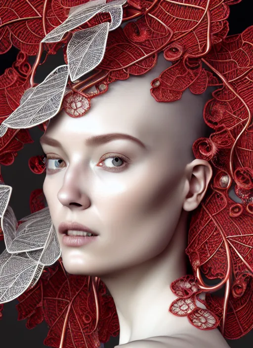 Image similar to complex 3d render ultra detailed of a beautiful porcelain profile woman face, mechanical cyborg, 150 mm, beautiful studio spotlight, rim light, silver gold red details, fine filigran foliage lace, magnolia big leaves and stems, roots, mesh wire, Alexander Mcqueen haute couture, luxurious, intricate details, hyper realistic, mandelbrot fractal, anatomical, facial muscles, cable wires, microchip, elegant, octane render, H.R. Giger style, 8k