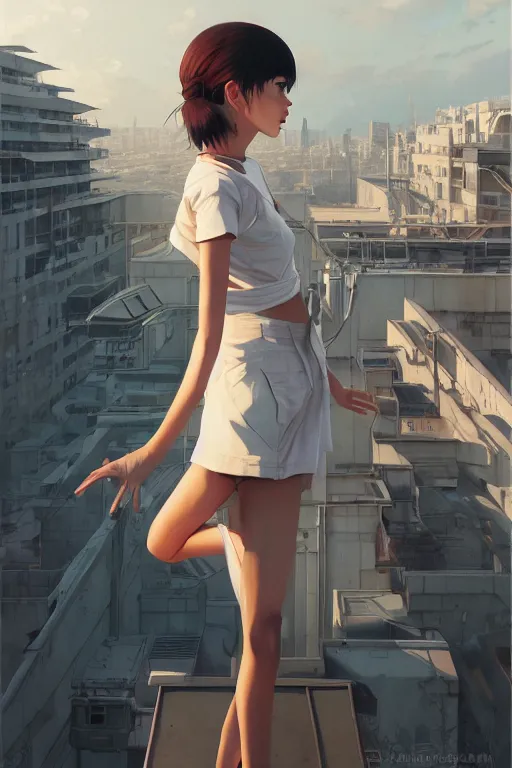 Image similar to A ultradetailed beautiful panting of a stylish girl standing on a rooftop, she is wearing streetwear, by Ilya Kuvshinov, Greg Rutkowski and Makoto Shinkai