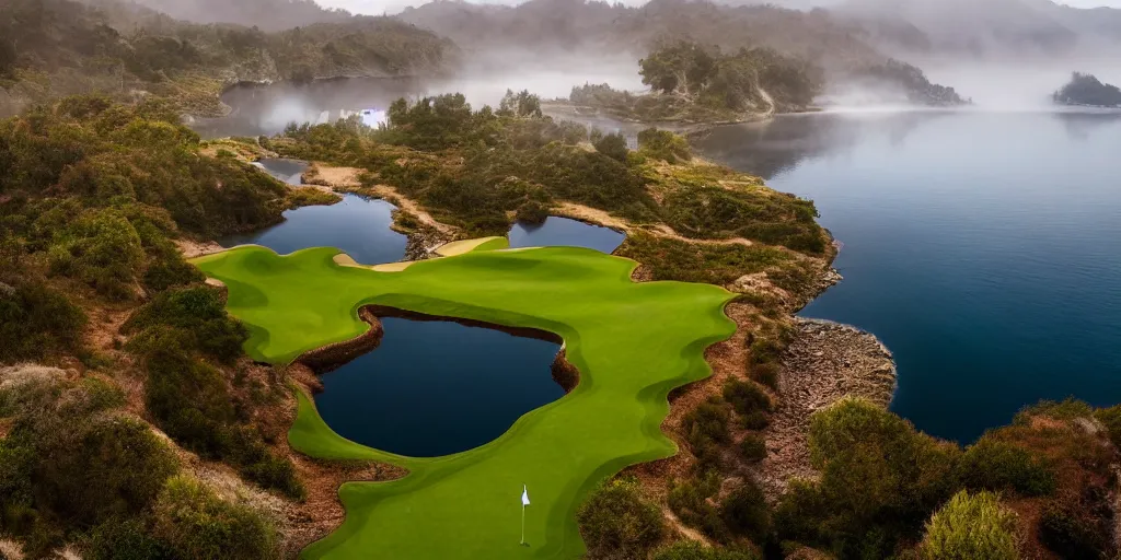 Prompt: a great photograph of the most amazing golf hole in the world, surrounded by water, giant octopus, ambient light, golf digest, top 1 0 0, fog