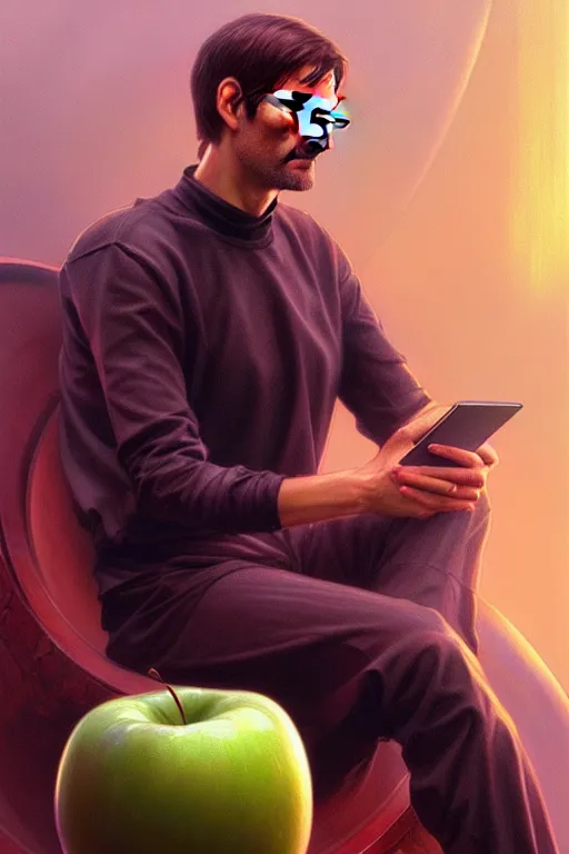 Prompt: ultra realistic illustration, steve jobs sitting on a giant apple, sci - fi, fantasy, intricate, elegant, highly detailed, digital painting, artstation, concept art, smooth, sharp focus, illustration, art by artgerm and greg rutkowski and alphonse mucha