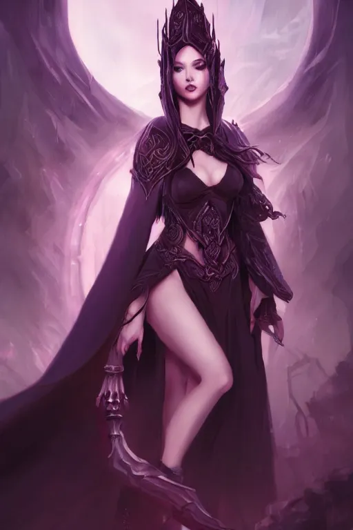 Prompt: Fantasy portrait, Necromancer, female, beautiful face, dark garments, dark pruple robes, midriff, Black cloak from neck to ankles, pin-up, matte painting, by Sakimichan, artstation