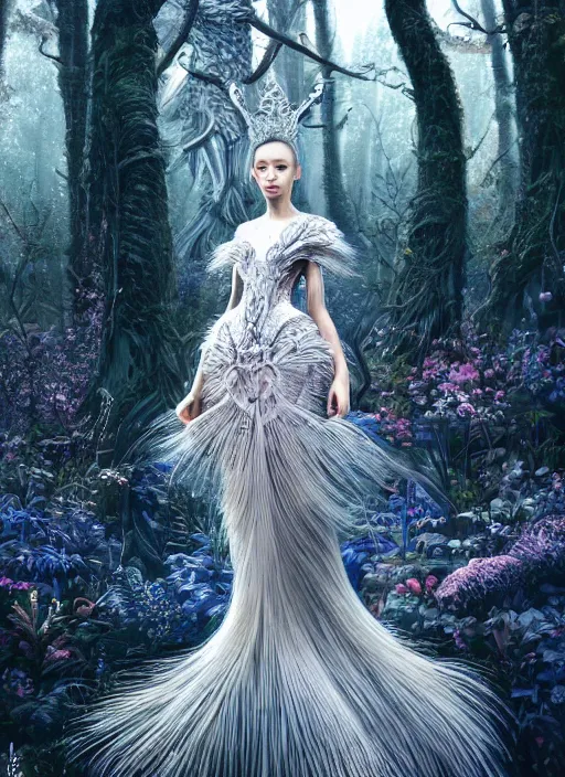 Image similar to a beautiful hyperrealistic ultradetailed 3D, one girl in a magnificent McQueen couture clothes on the background of a futuristic forest, Designer clothes, futuristic clothes, clothes from the future, biopunk, voge photo, fashion style, fullbody, in full growth, intricate, elegant, highly detailed, artstation, concept art, smooth, sharp focus, illustration, art by and greg rutkowski and orientalism and bouguereau and Zdzislaw Beksinski, good clear quality, lighting,