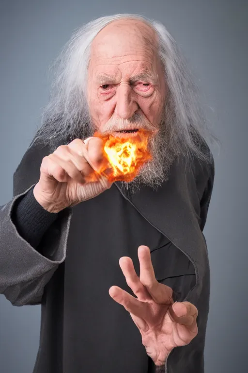 Image similar to elderly wizard conjuring up a fireball in his hand, promotional photo, studio lighting, portrait