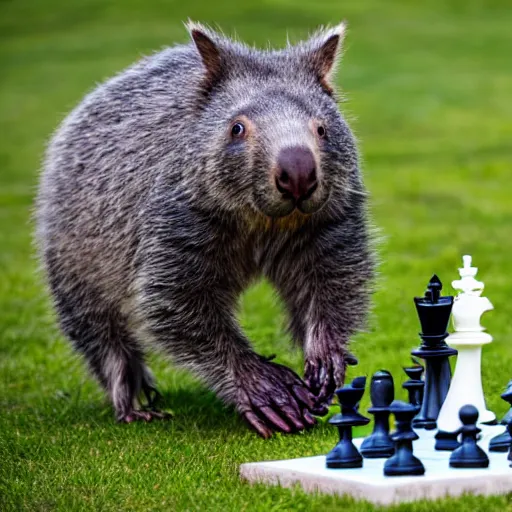 Prompt: crazy wombat playing chess in stellenbosch de zalze with dark clouds and lighting